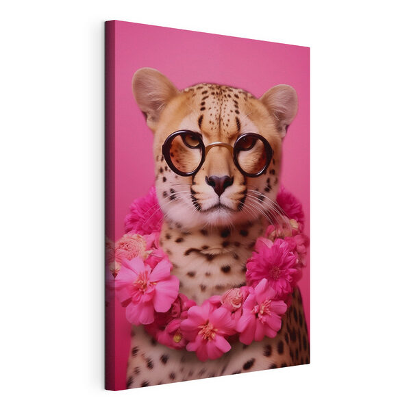 Cuadros Un leopardo con gafas y un collar de flores