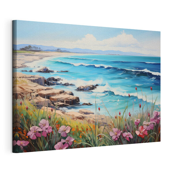 Cuadro de una playa con flores y olas Cuadros Cuadro de una playa con flores y olas