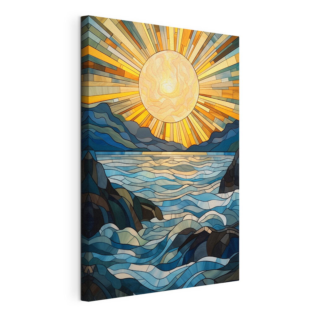 Stained glass window with a sun over a river