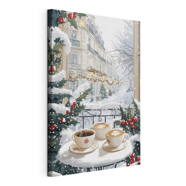 Cuadros Un par de tazas de café en un balcón con nieve y edificios (SKU: s42794) Cuadros Cuadros Un par de tazas de café en un balcón con nieve y edificios (SKU: s42794)
