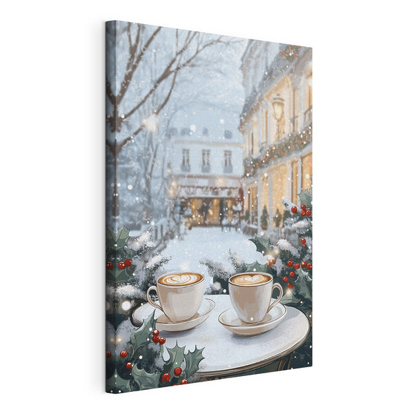 Dos tazas de café sobre una mesa frente a una calle nevada Cuadros Dos tazas de café sobre una mesa frente a una calle nevada