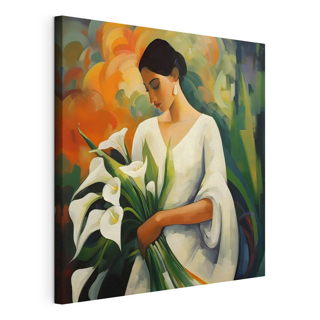 Painting of a woman holding flowers Painting of a woman holding flowers