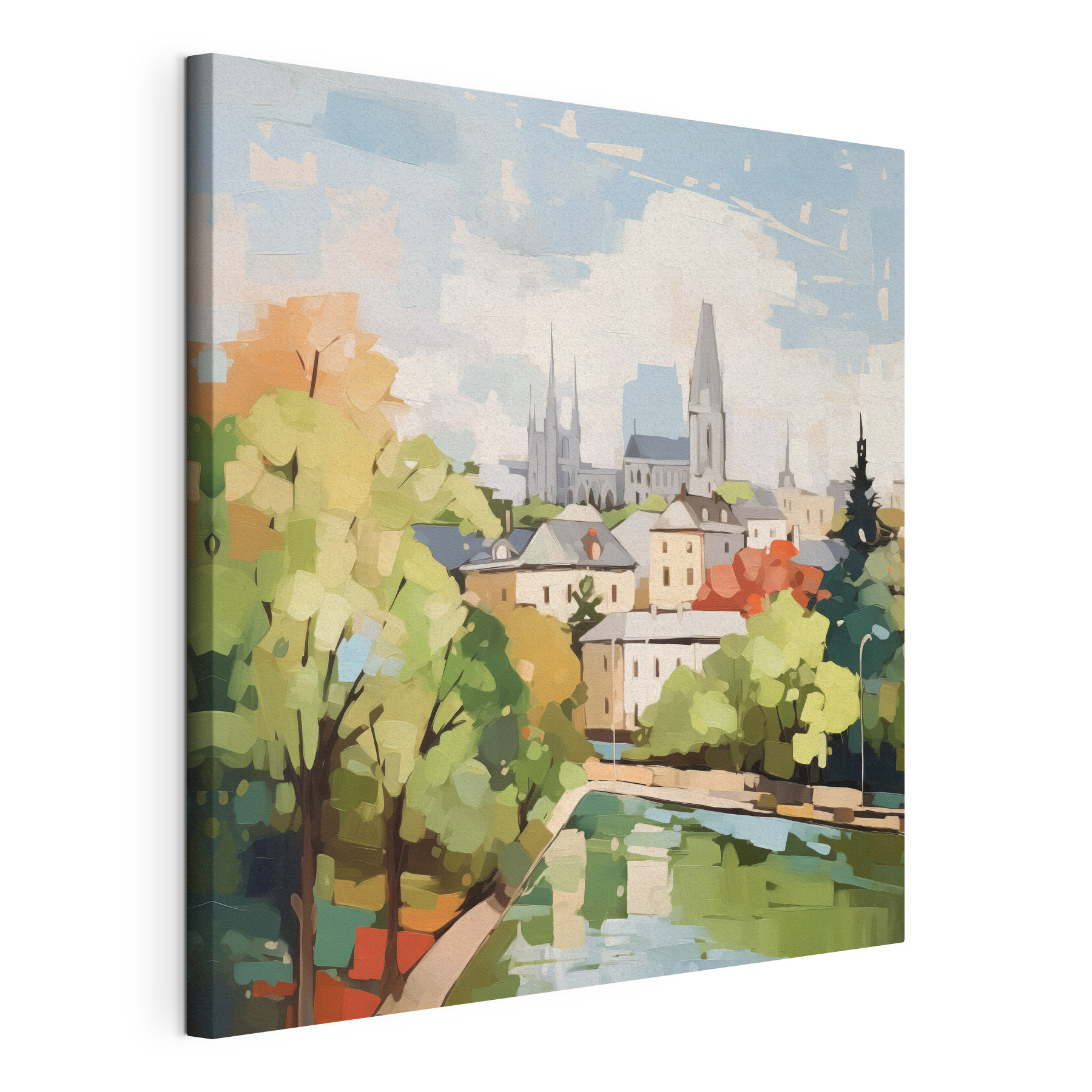 Painting of a city with trees and a river Painting of a city with trees and a river