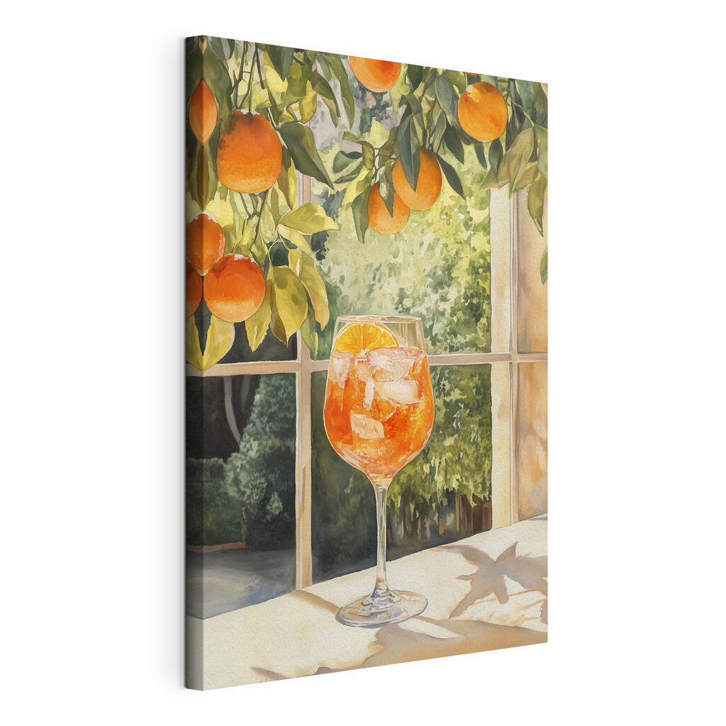 Glass of orange juice with ice and oranges from a window