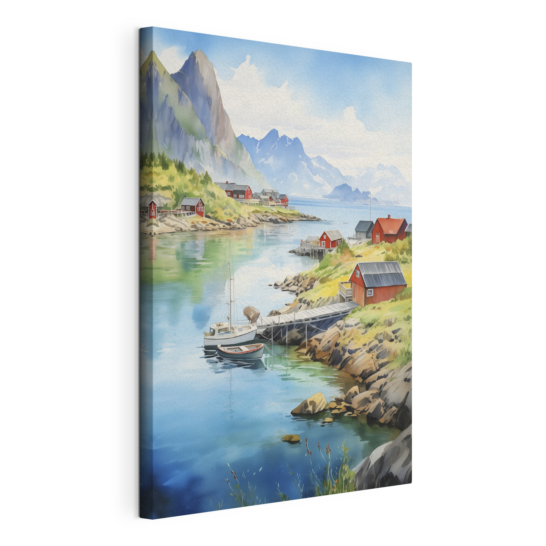 Watercolor of a river with a boat and houses on it