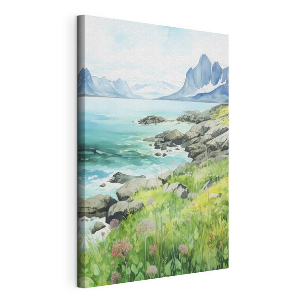 Cuadros Acuarela de una costa rocosa con montañas y un cielo azul (SKU: s43188) Cuadros Cuadros Acuarela de una costa rocosa con montañas y un cielo azul (SKU: s43188)