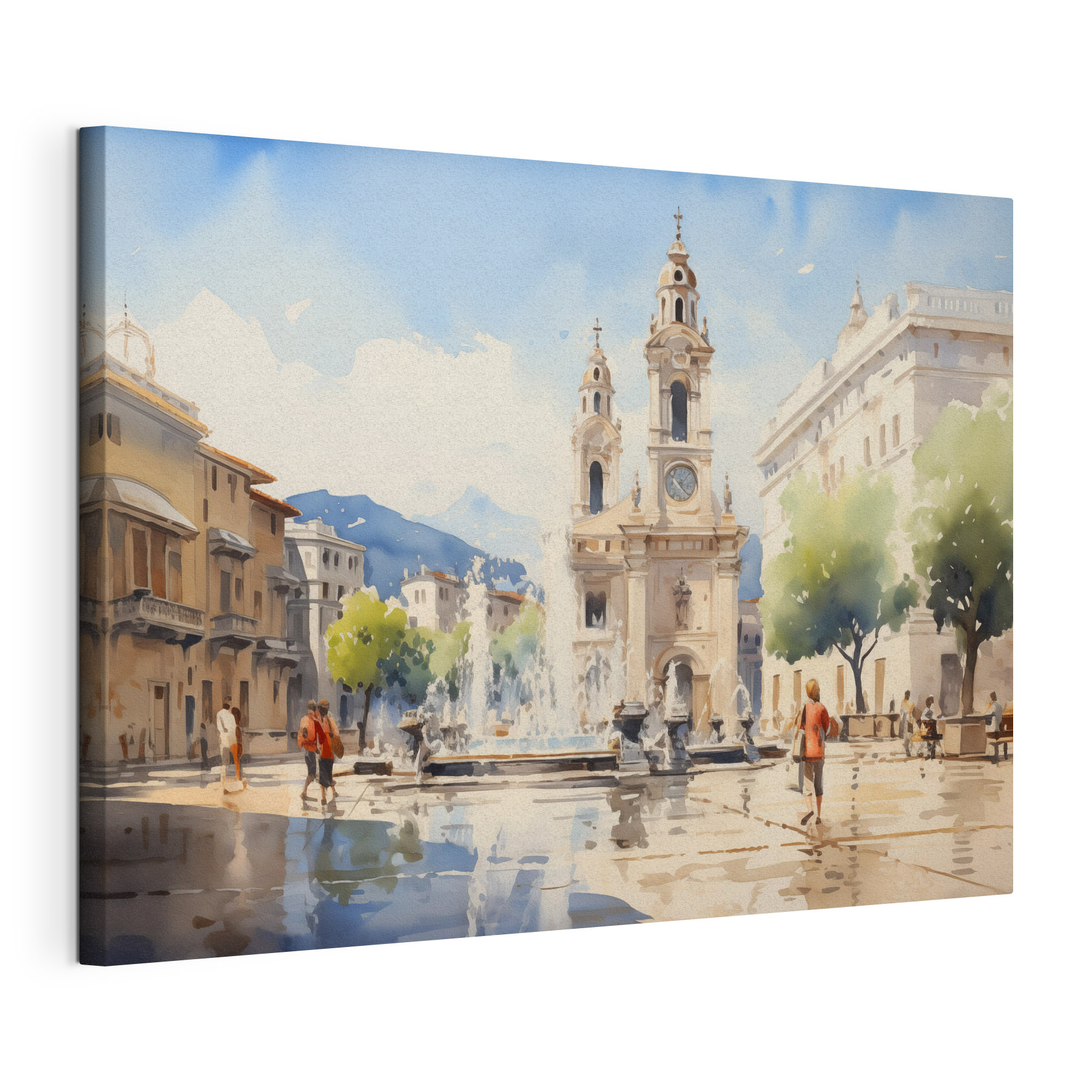 Watercolor of a building with a fountain in front of it Watercolor of a building with a fountain in front of it