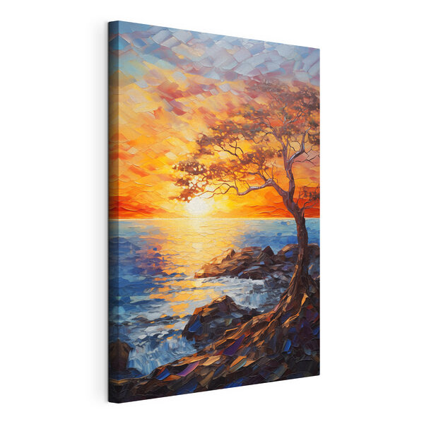 Árbol en una costa rocosa con la puesta de sol al fondo Cuadros Árbol en una costa rocosa con la puesta de sol al fondo