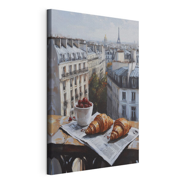 Cuadros Una taza de café y unos cruasanes sobre una mesa, con edificios al fondo (SKU: s43892) Cuadros Cuadros Una taza de café y unos cruasanes sobre una mesa, con edificios al fondo (SKU: s43892)