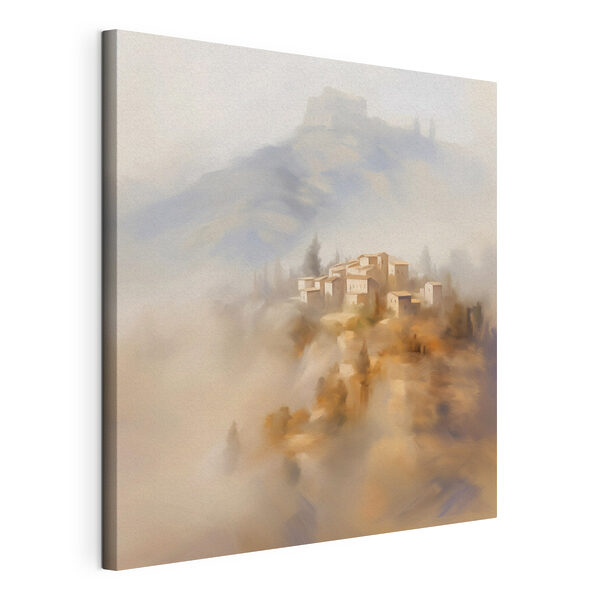 Painting of a village on a hill Painting of a village on a hill