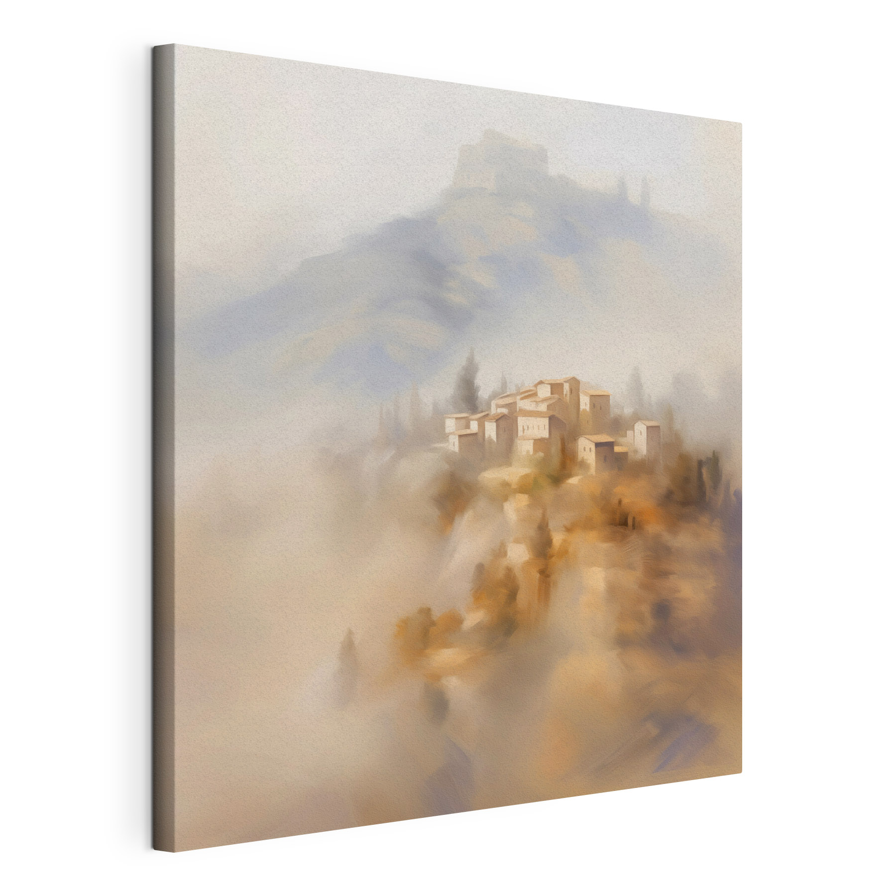 Painting of a village on a hill Painting of a village on a hill