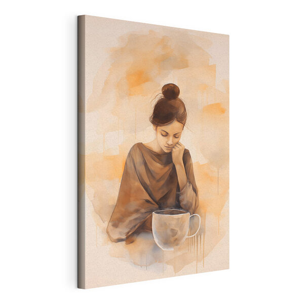 Cuadros Una mujer con la mano en la cara, mirando hacia abajo a una taza de café (SKU: s44158) Cuadros Cuadros Una mujer con la mano en la cara, mirando hacia abajo a una taza de café (SKU: s44158)