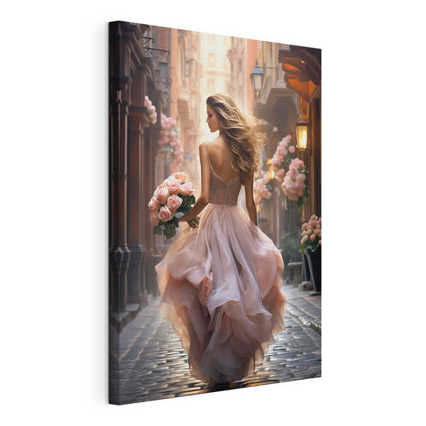 Canvas print Woman in a dress holding flowers Cuadros Canvas print Woman in a dress holding flowers