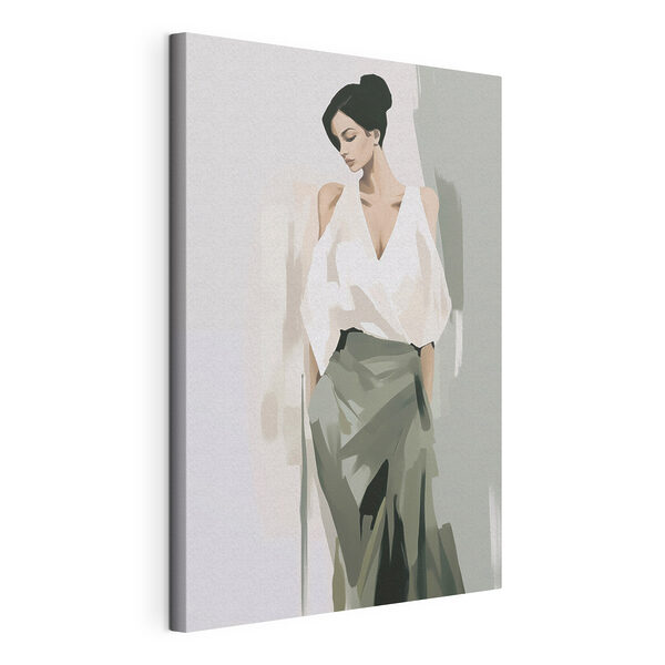 Cuadros Mujer con camisa blanca y falda verde
