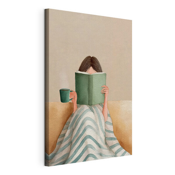 Cuadros Mujer leyendo un libro y sosteniendo una taza