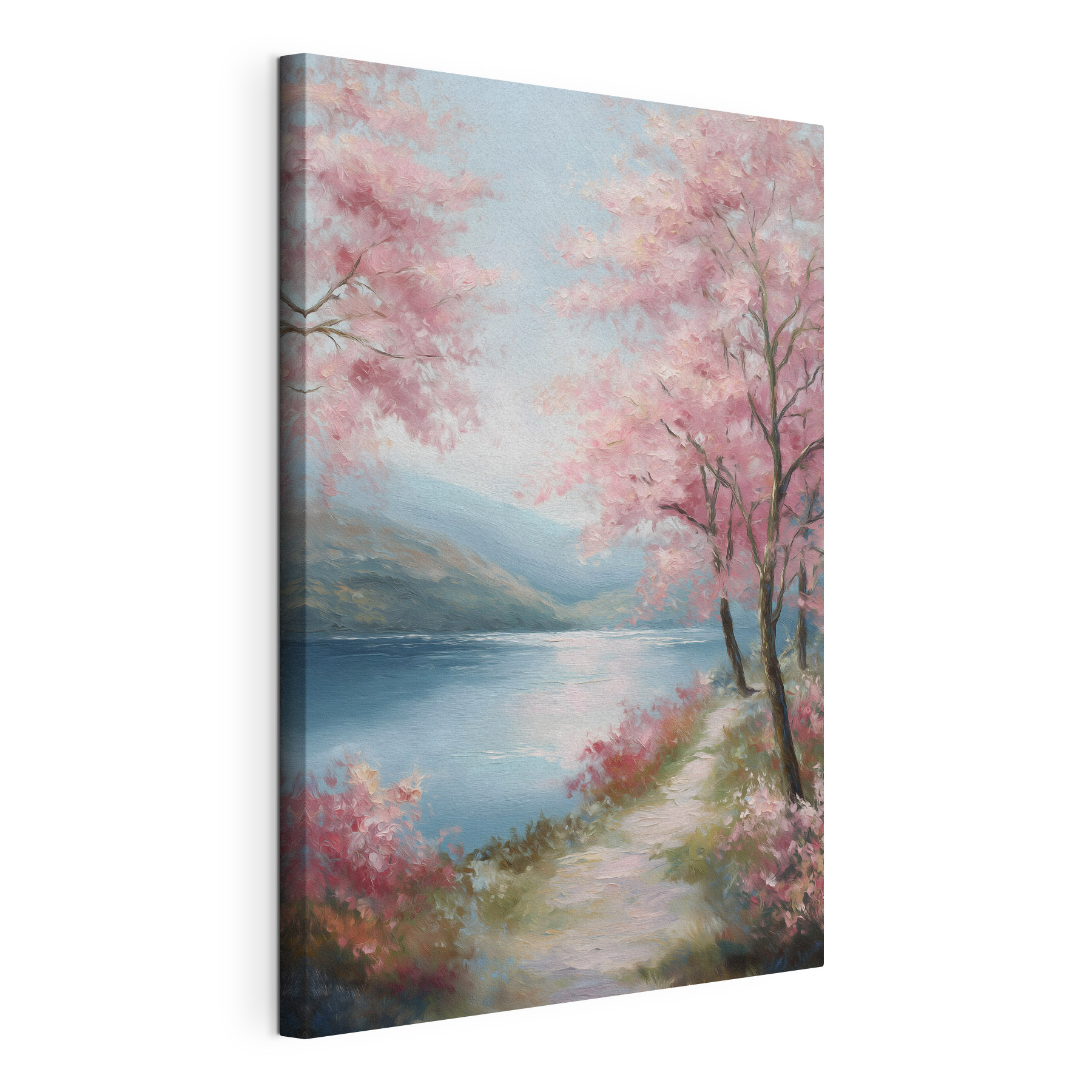 Painting of a lake with pink trees and mountains Painting of a lake with pink trees and mountains