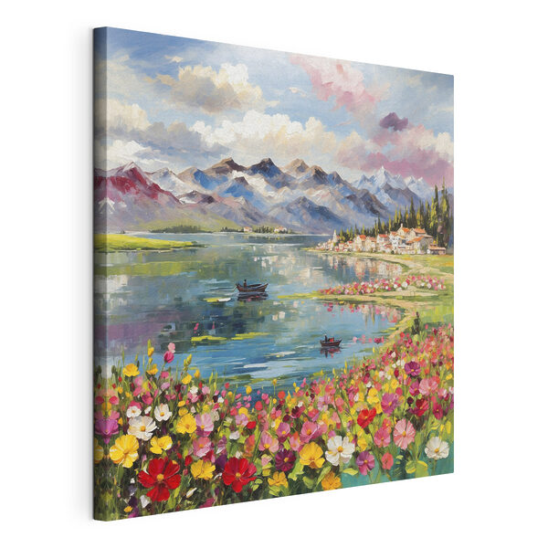 Cuadro de un lago con flores y montañas al fondo Cuadros Cuadro de un lago con flores y montañas al fondo