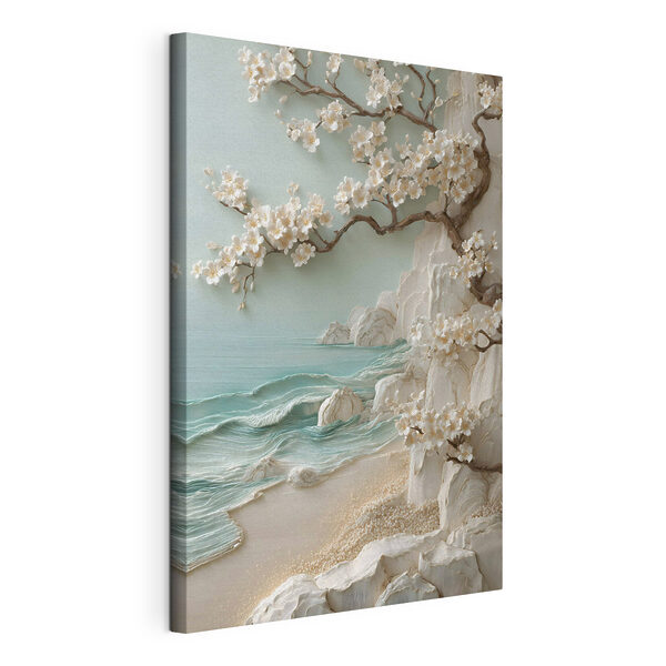 Árbol con flores blancas en una playa Cuadros Árbol con flores blancas en una playa