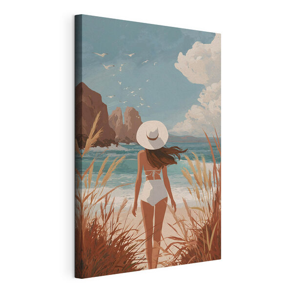 Mujer en bañador y con sombrero paseando por la playa Cuadros Mujer en bañador y con sombrero paseando por la playa