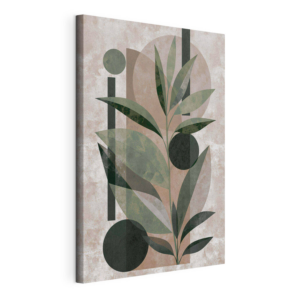 Painting of a plant with leaves and geometric shapes