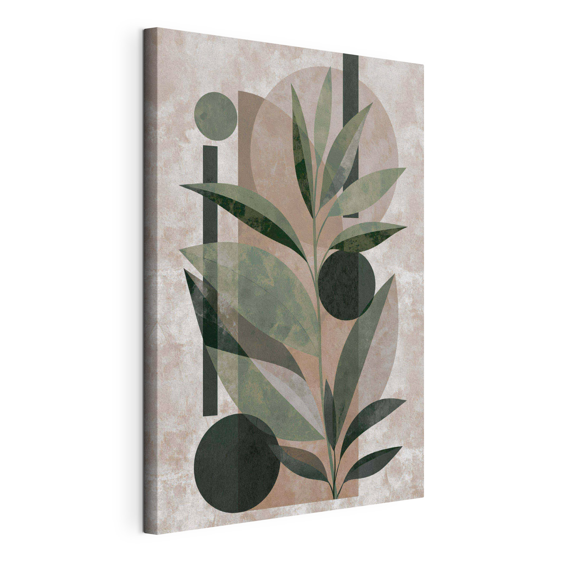 Painting of a plant with leaves and geometric shapes
