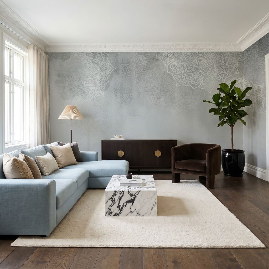 Fondo blanco y gris con mandalas blancos