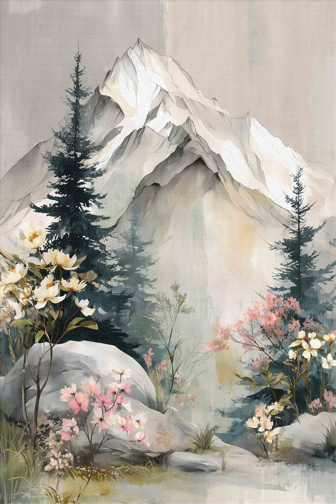 Painting of a mountain with trees and flowers