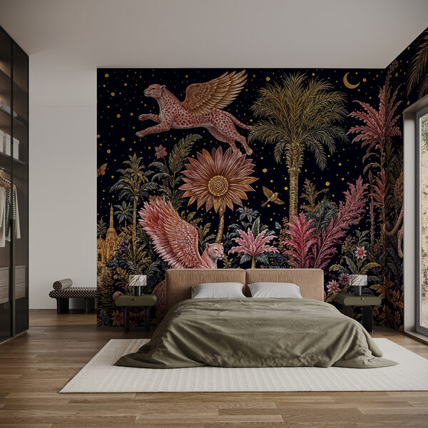 Cuadro de un gato y un leopardo con alas y flores Cuadro de un gato y un leopardo con alas y flores