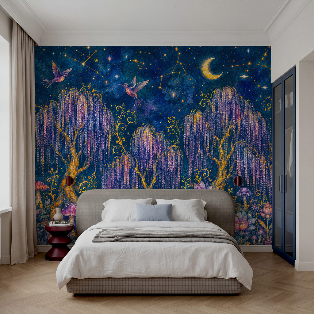 Cuadro de un bosque con pájaros y flores