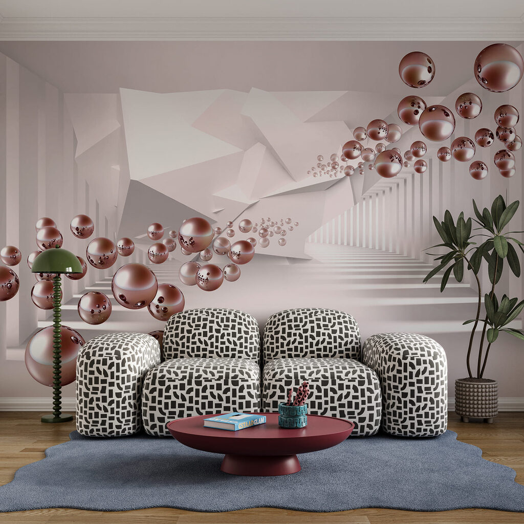 Habitación blanca con pelotas rosas Habitación blanca con pelotas rosas