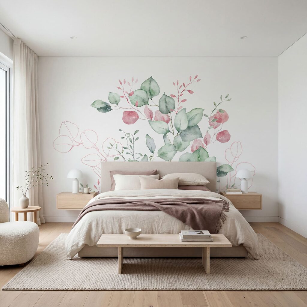Pintura en acuarela de hojas verdes y rosas Pintura en acuarela de hojas verdes y rosas