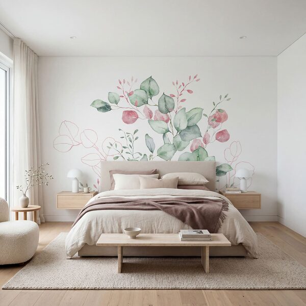 Pintura en acuarela de hojas verdes y rosas Pintura en acuarela de hojas verdes y rosas