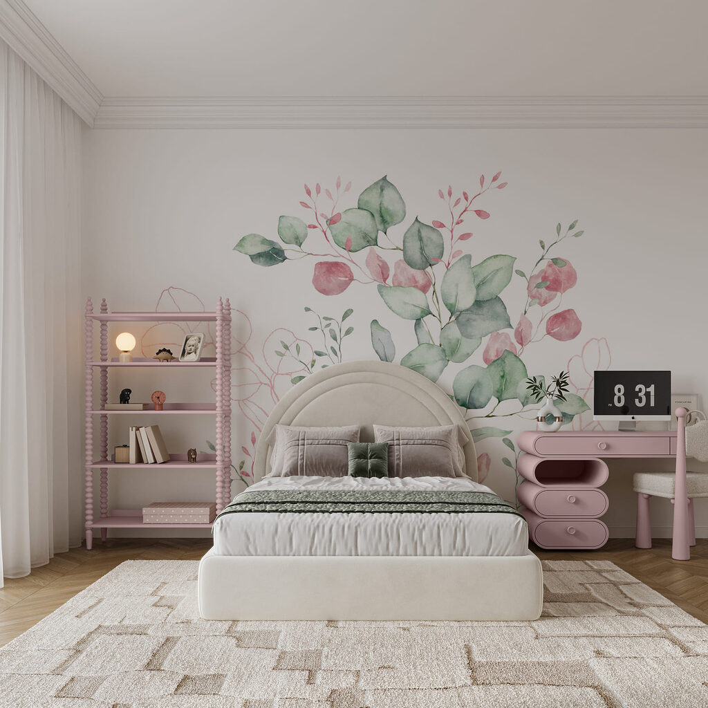Pintura en acuarela de hojas verdes y rosas Pintura en acuarela de hojas verdes y rosas