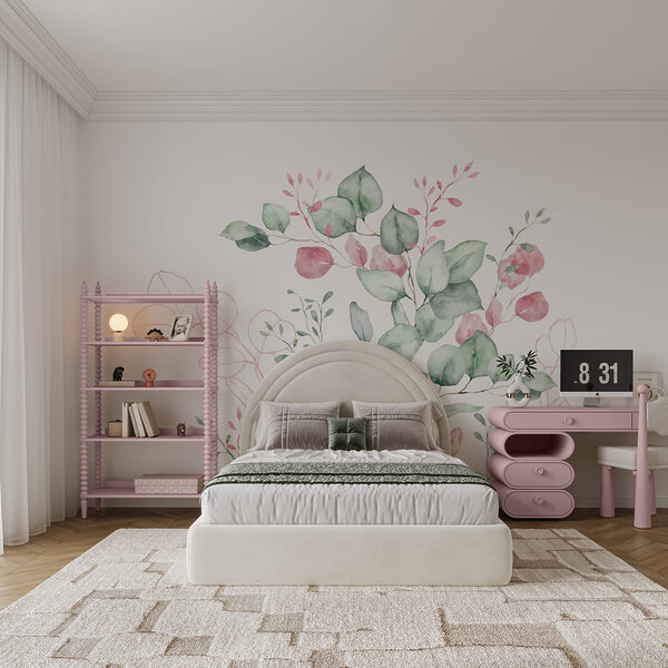 Pintura en acuarela de hojas verdes y rosas Pintura en acuarela de hojas verdes y rosas