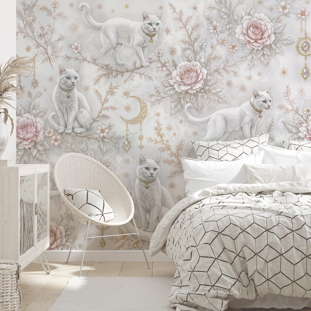 Papel pintado con gatos blancos y flores Papel pintado con gatos blancos y flores