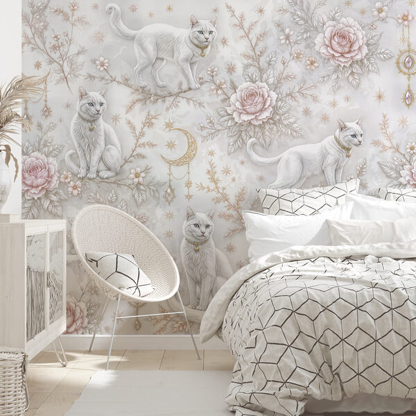 Papel pintado con gatos blancos y flores Papel pintado con gatos blancos y flores