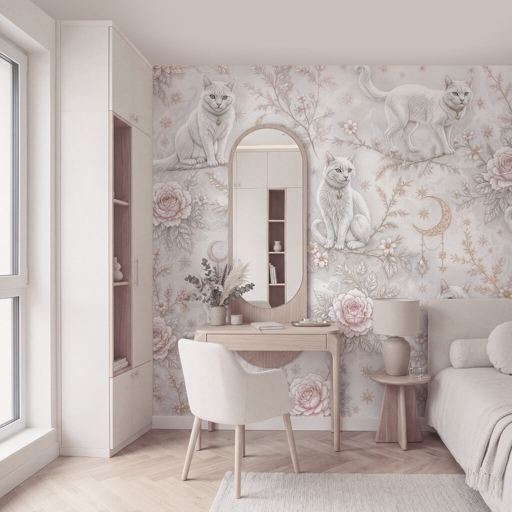 Papel pintado con gatos blancos y flores Papel pintado con gatos blancos y flores