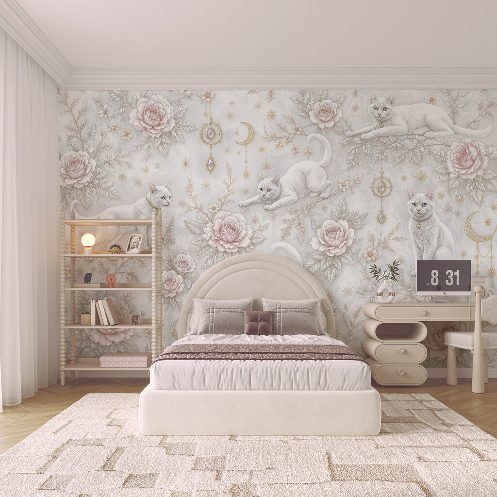 Papel pintado con gatos blancos y flores Papel pintado con gatos blancos y flores