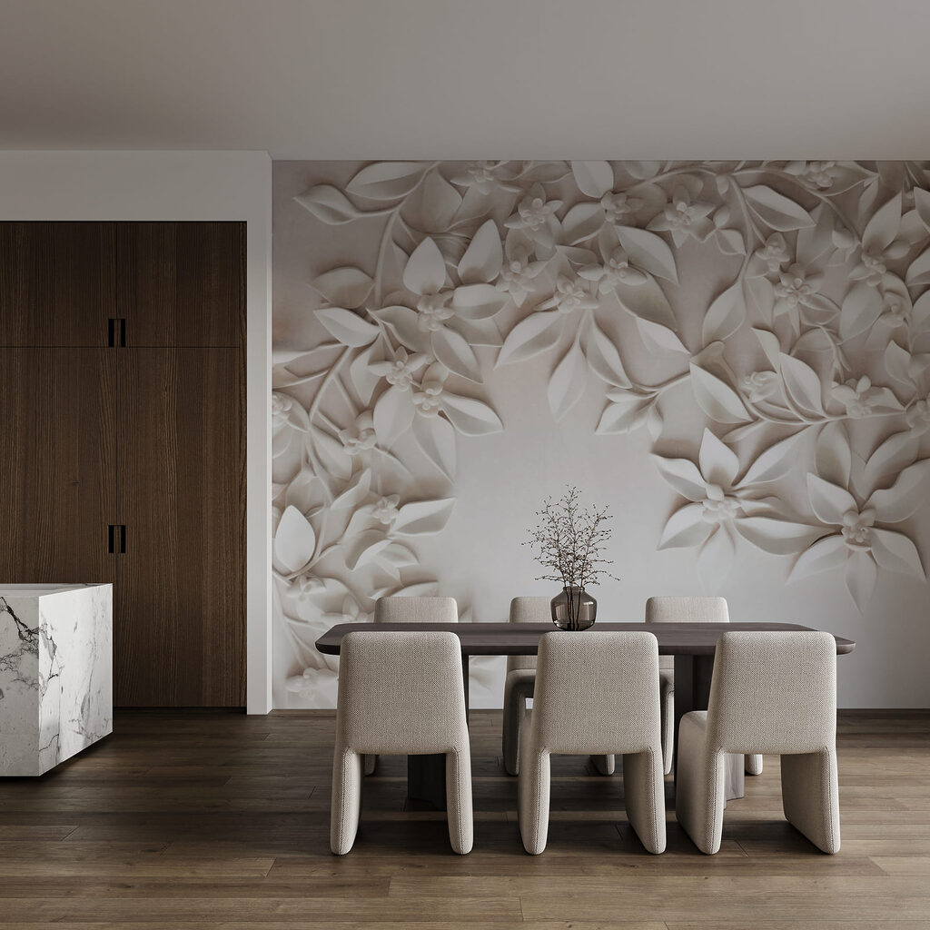 Pared blanca con flores y hojas blancas Pared blanca con flores y hojas blancas