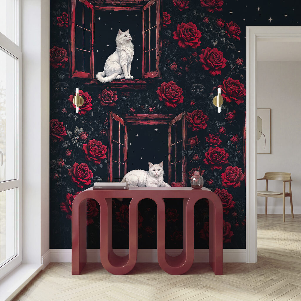 Grupo de gatos sentados en las ventanas, rodeados de rosas Grupo de gatos sentados en las ventanas, rodeados de rosas