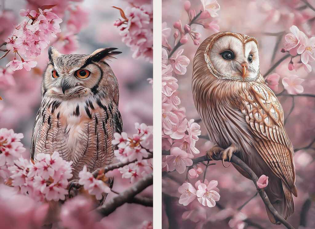 Collage of owls on a tree branch Collage of owls on a tree branch