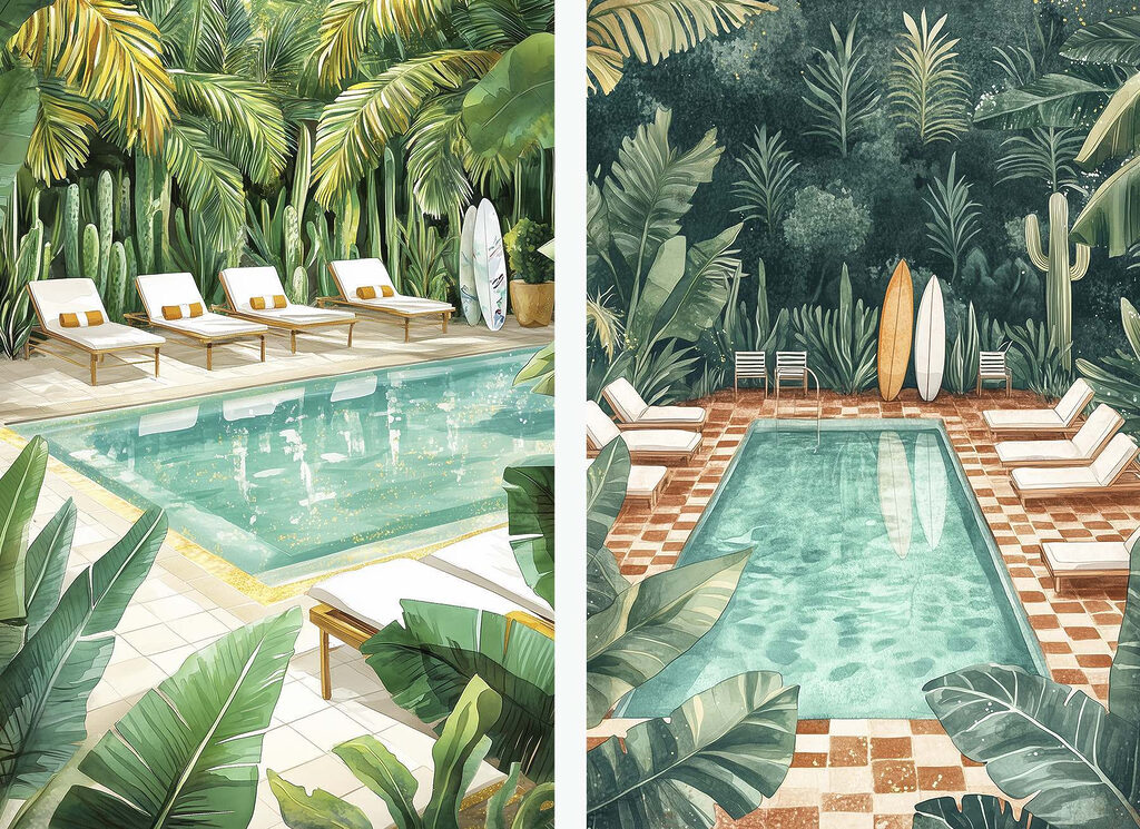 Pool and lounge chairs in a tropical area Pool and lounge chairs in a tropical area