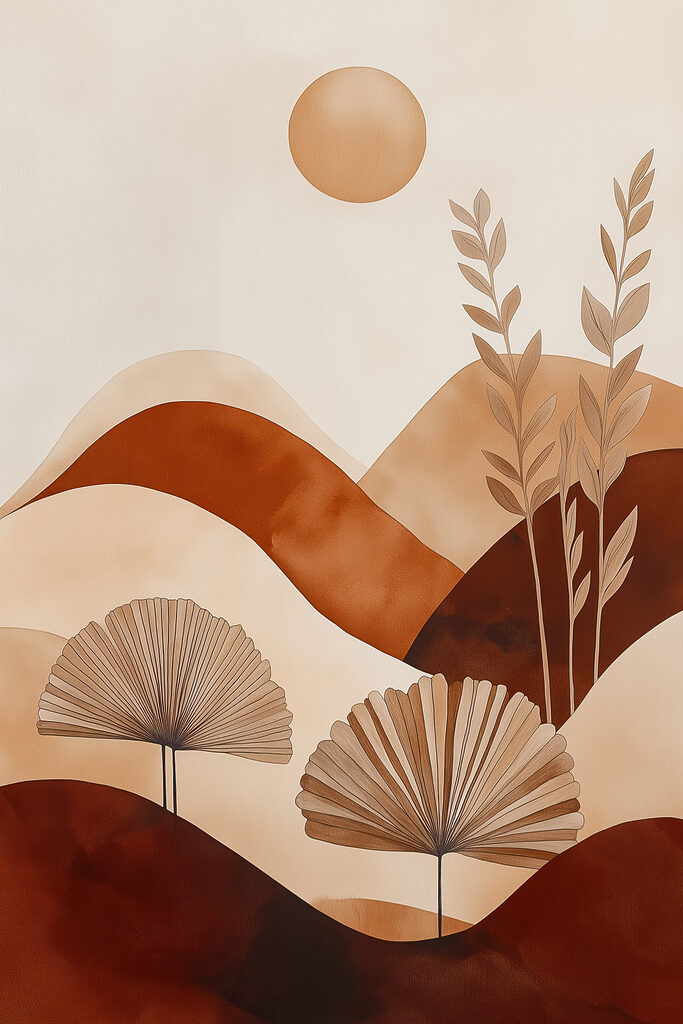 Painting of a landscape with plants and hills Painting of a landscape with plants and hills