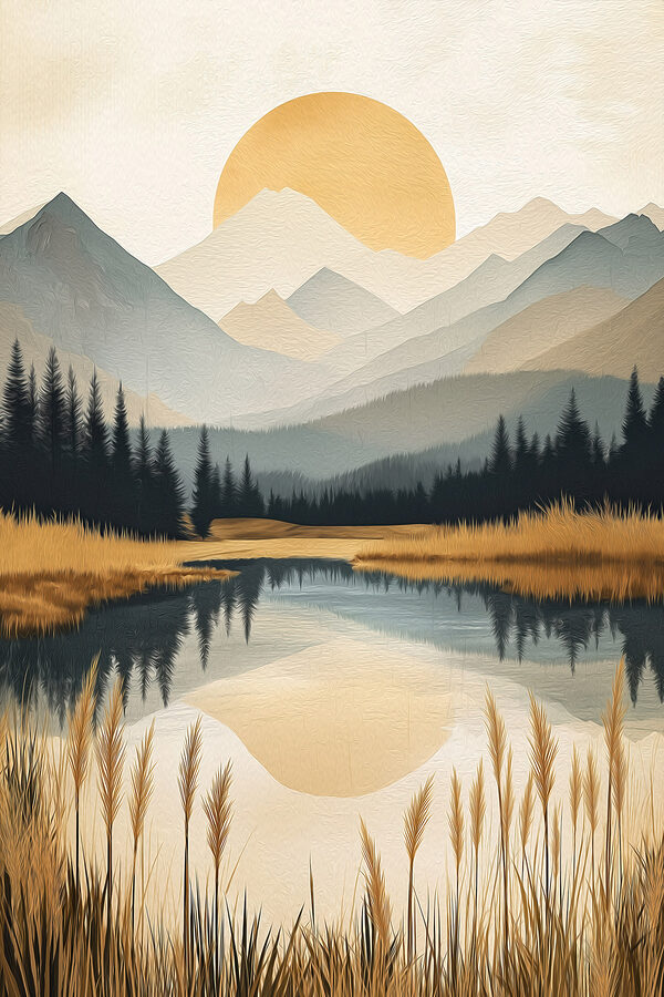 Landscape of a lake with mountains and trees Landscape of a lake with mountains and trees
