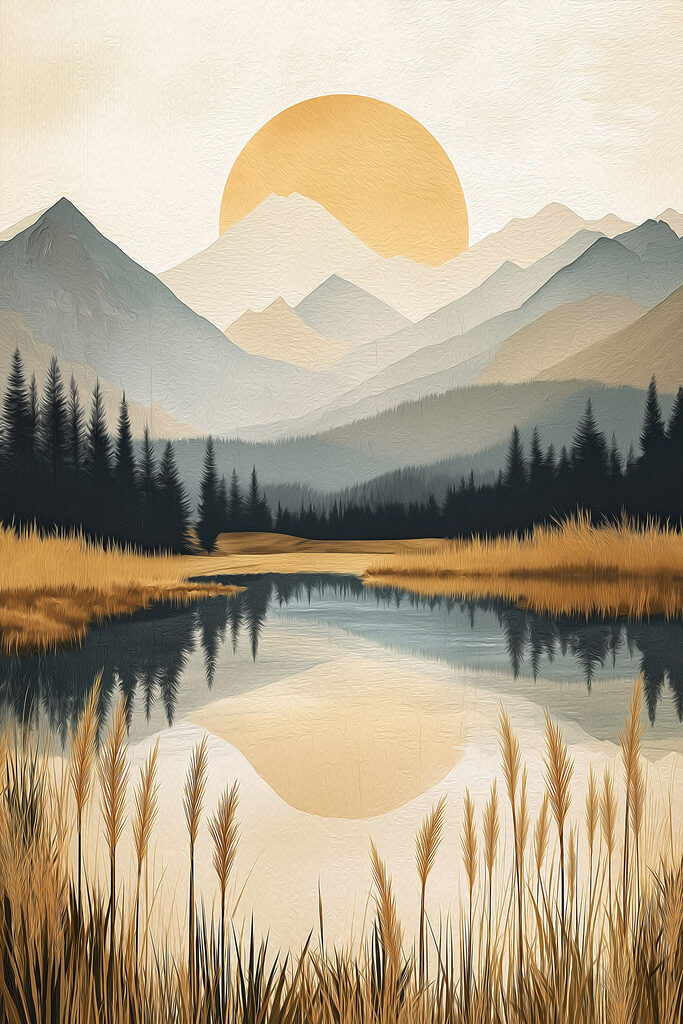 Landscape of a lake with mountains and trees Landscape of a lake with mountains and trees