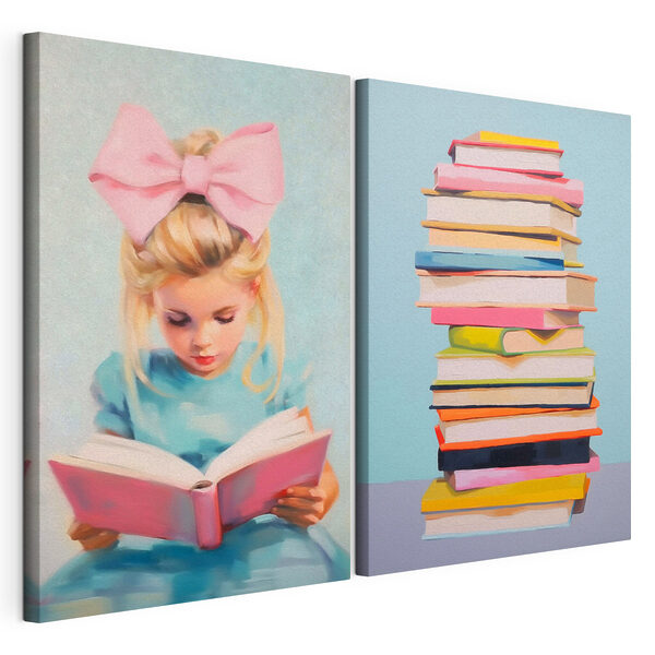 Una chica leyendo un libro y una pila de libros Lámina modular sobre lienzo Una chica leyendo un libro y una pila de libros