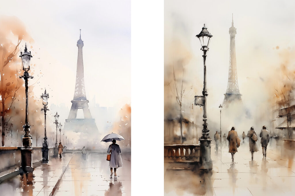 Watercolor painting of a city street and a woman walking with an umbrella Watercolor painting of a city street and a woman walking with an umbrella