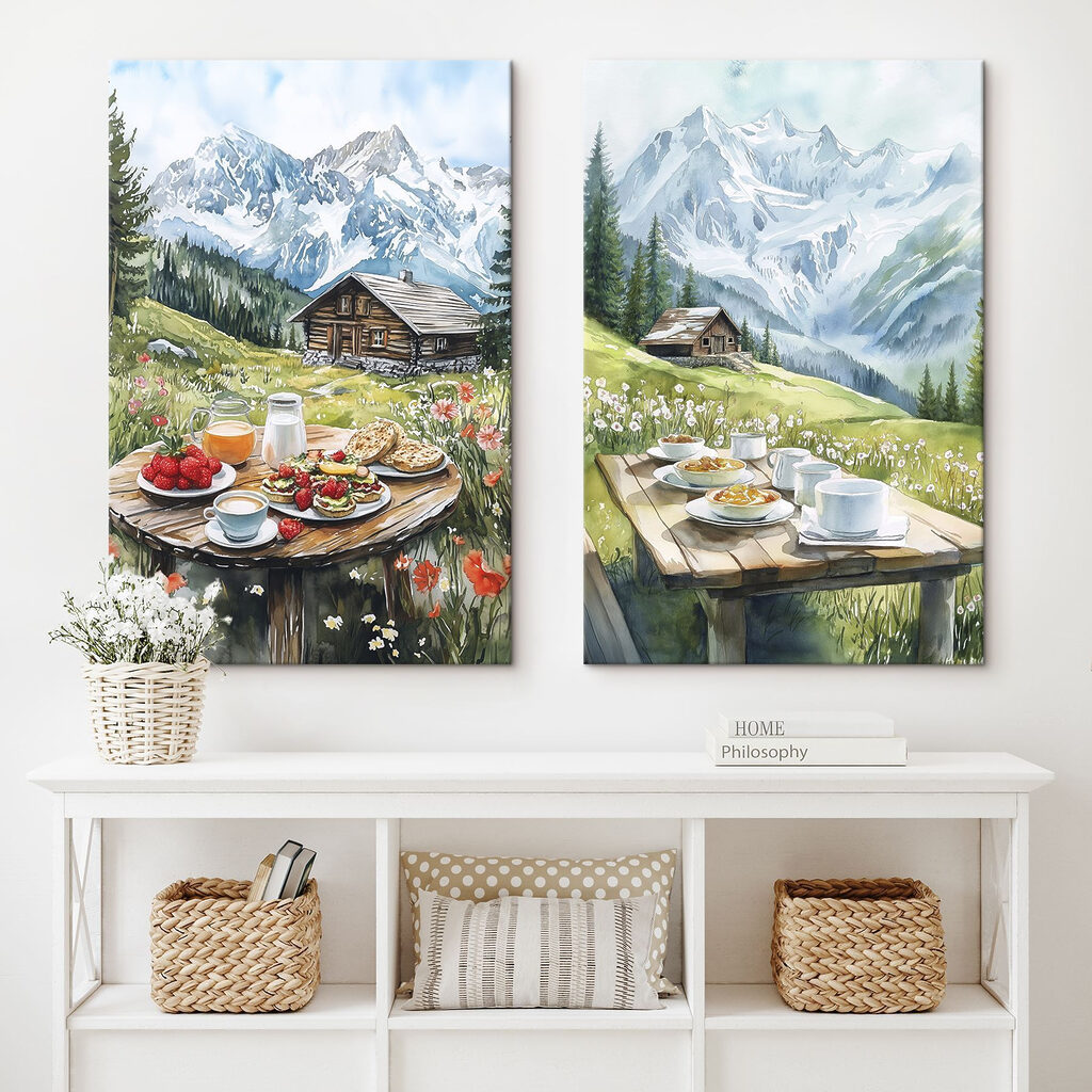 Painting of a table with food and drinks on it