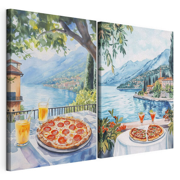 Pintura en acuarela de una mesa con pizzas y bebidas encima Lámina modular sobre lienzo Pintura en acuarela de una mesa con pizzas y bebidas encima