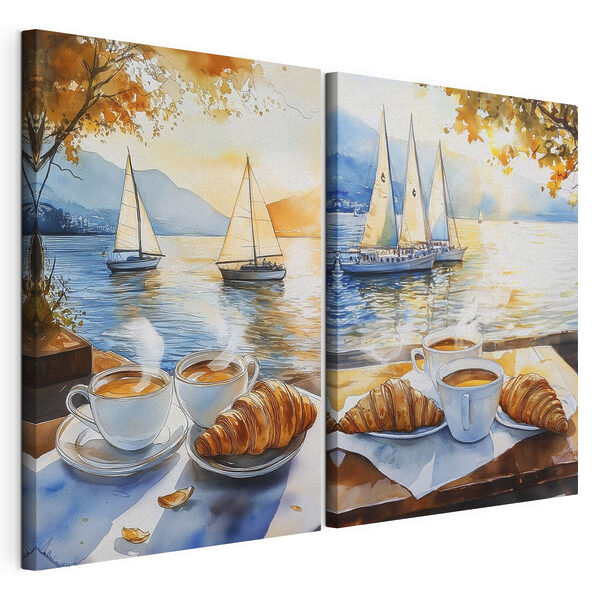 Pintura en acuarela de un par de tazas de café y cruasanes sobre una mesa, con barcos al fondo Lámina modular sobre lienzo Pintura en acuarela de un par de tazas de café y cruasanes sobre una mesa, con barcos al fondo